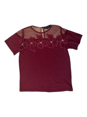 ⭐️ On 12th- Burgundy Floral Mesh Top with floral design- size S